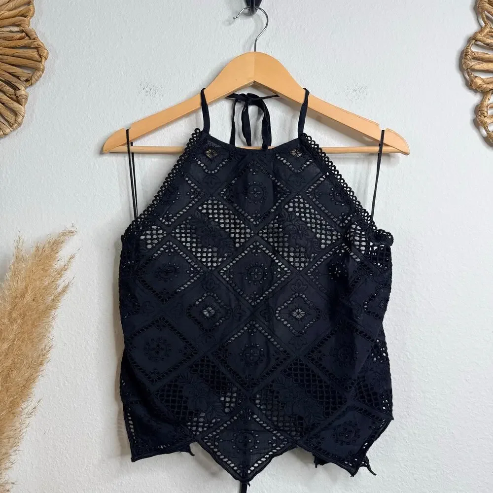 Free People top floral eyelets lace embroidery halter crochet boho XL summer